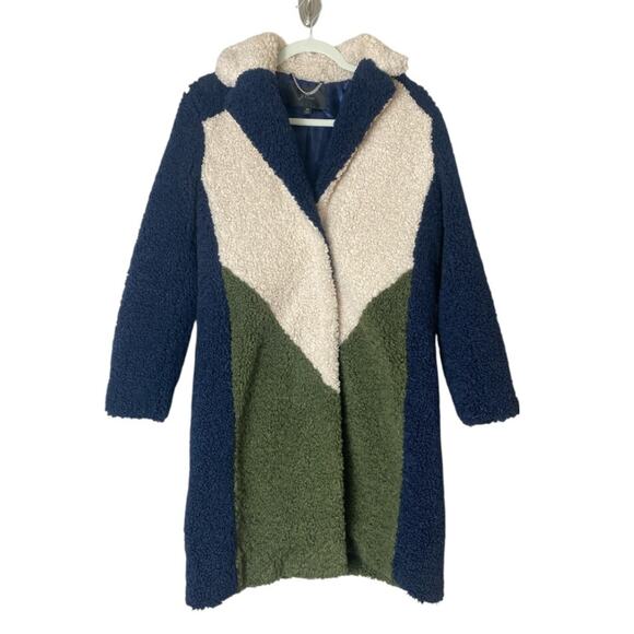 J CREW COAT TEDDY SHERPA LONG COLORBLOCK NAVY WHITE OLIVE GREEN LONGLINE CREAM - Picture 2 of 11
